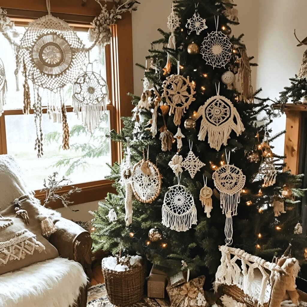 11. Macramé Ornaments Christmas Tree with Bohemian Stars