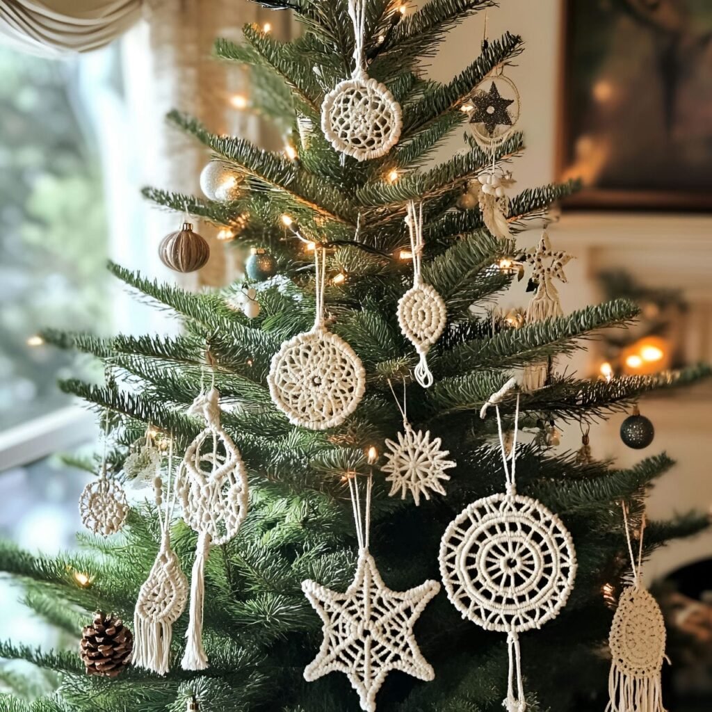 11. Macramé Ornaments Christmas Tree with Bohemian Stars