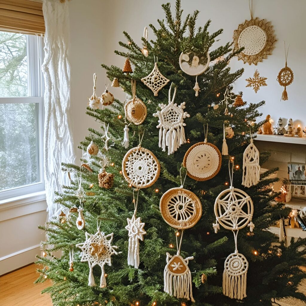 11. Macramé Ornaments Christmas Tree with Bohemian Stars