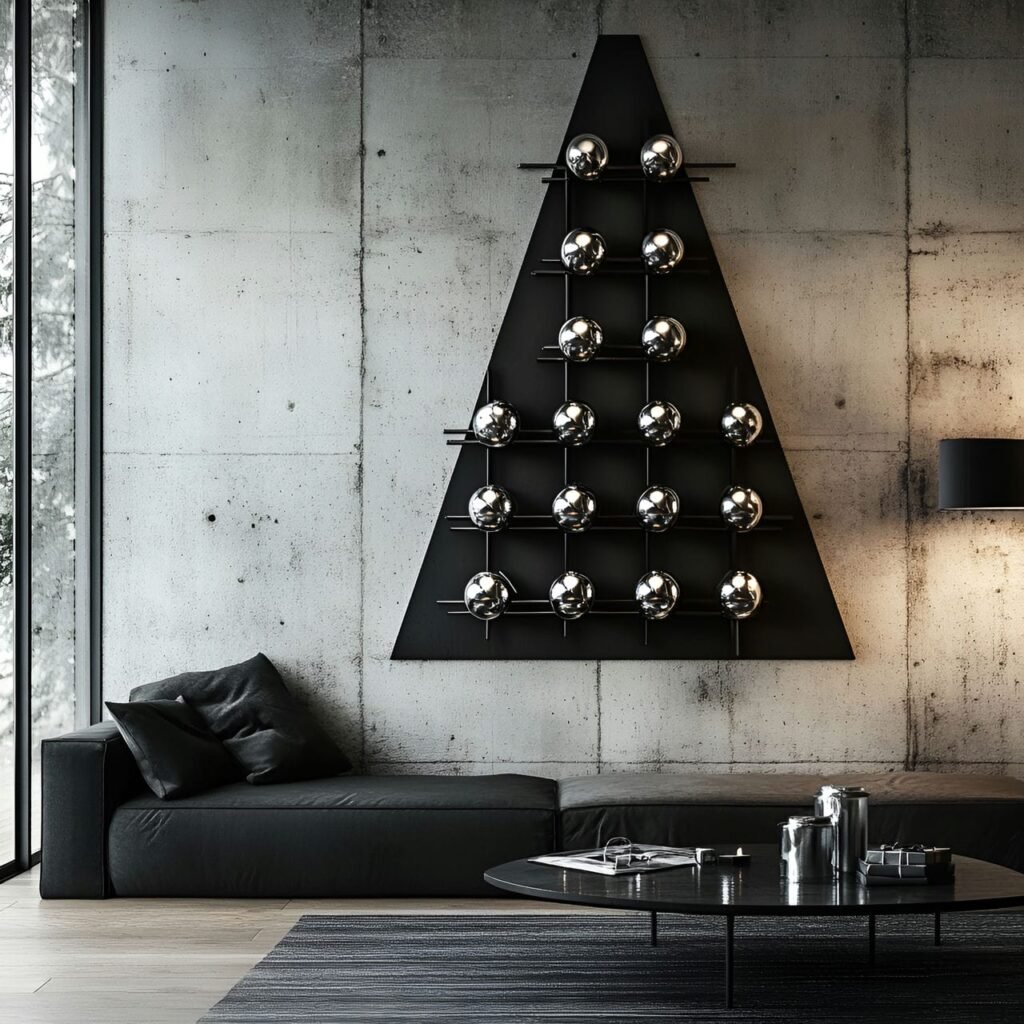 09. Metal Rod Minimalist Tree with Silver and Black Baubles