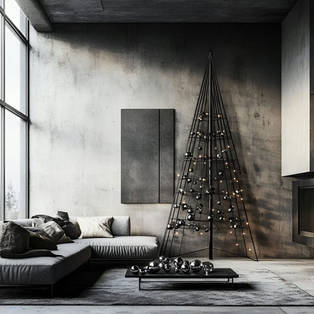 09. Metal Rod Minimalist Tree with Silver and Black Baubles