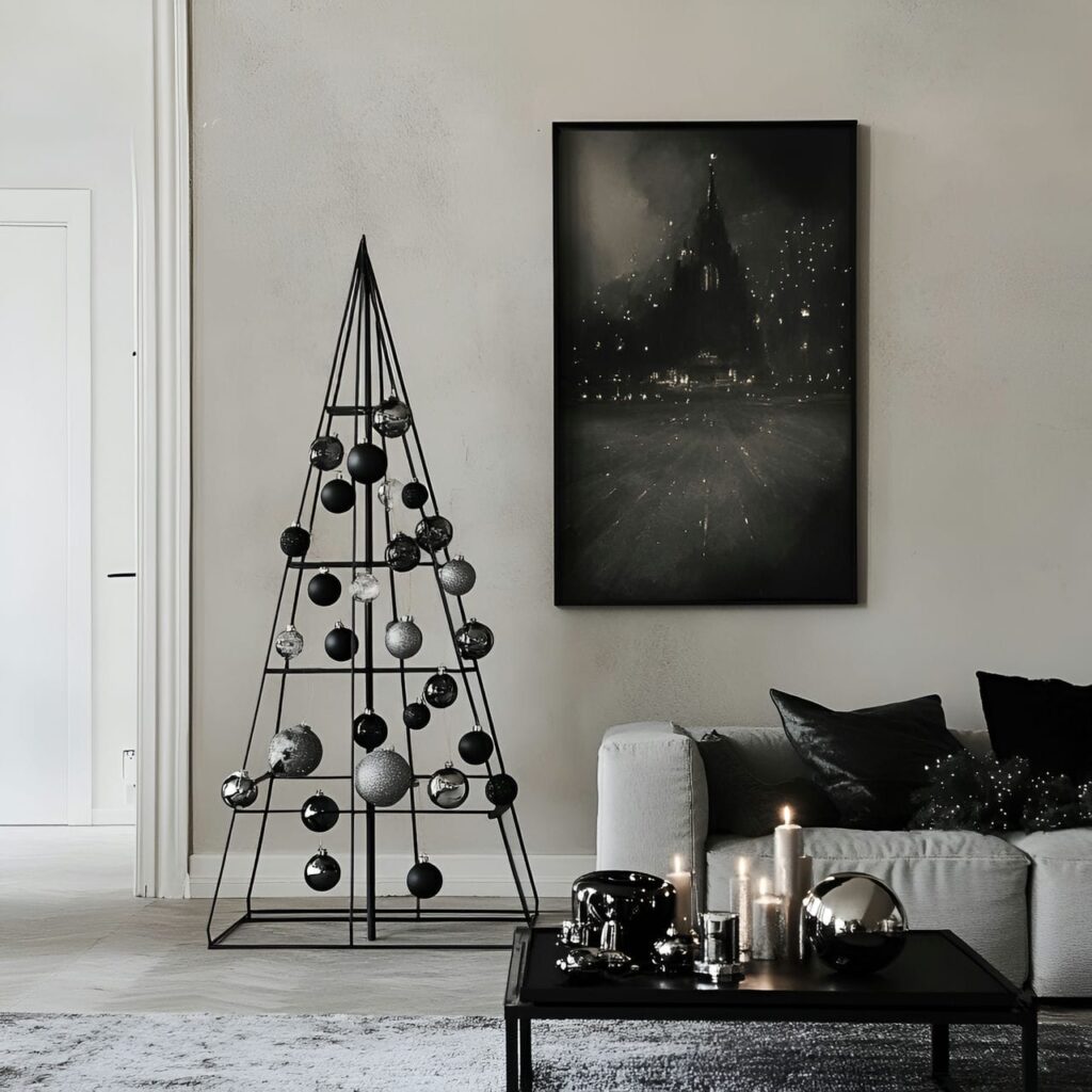 09. Metal Rod Minimalist Tree with Silver and Black Baubles