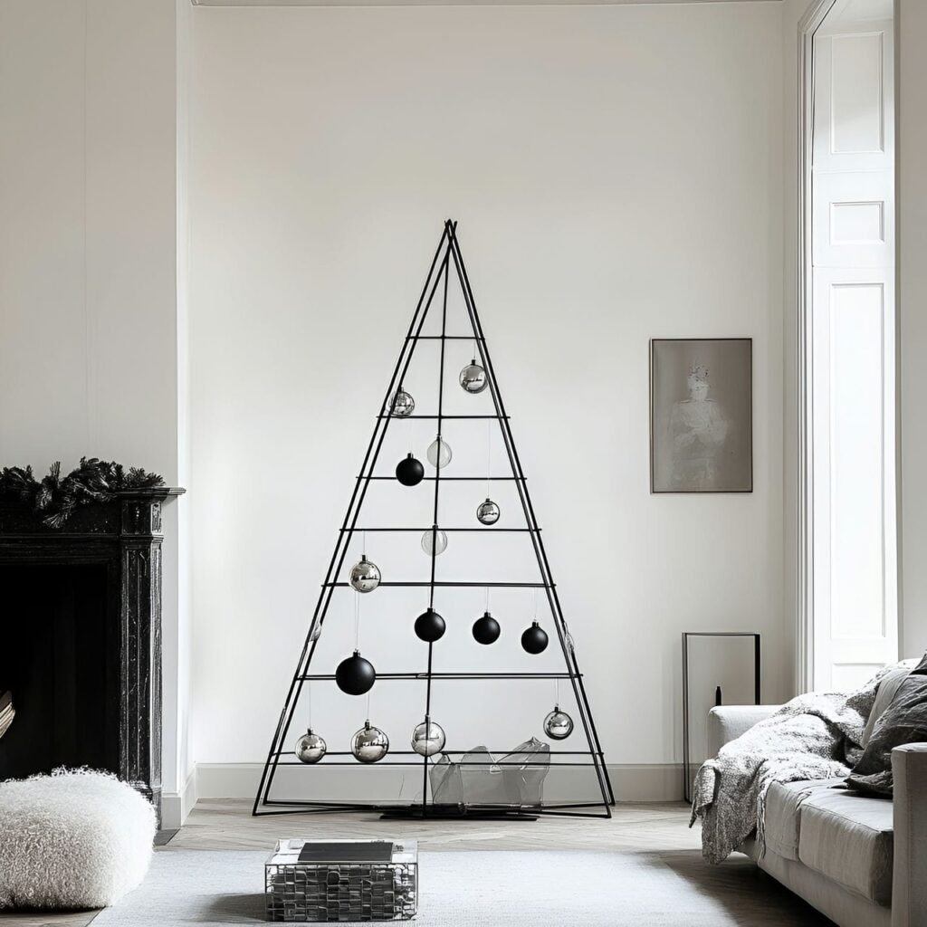 09. Metal Rod Minimalist Tree with Silver and Black Baubles