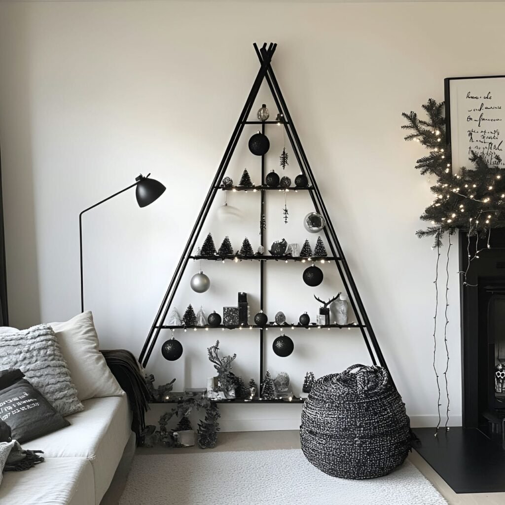 09. Metal Rod Minimalist Tree with Silver and Black Baubles