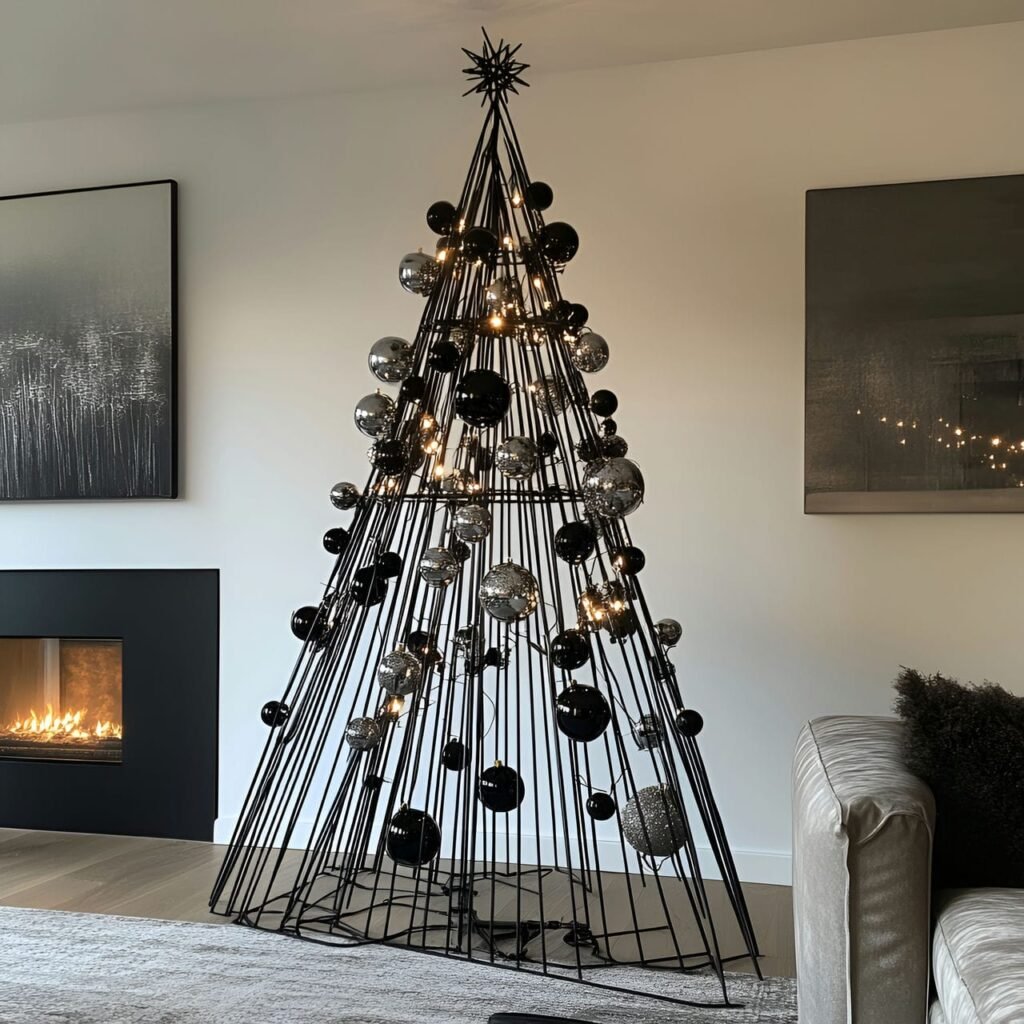 09. Metal Rod Minimalist Tree with Silver and Black Baubles