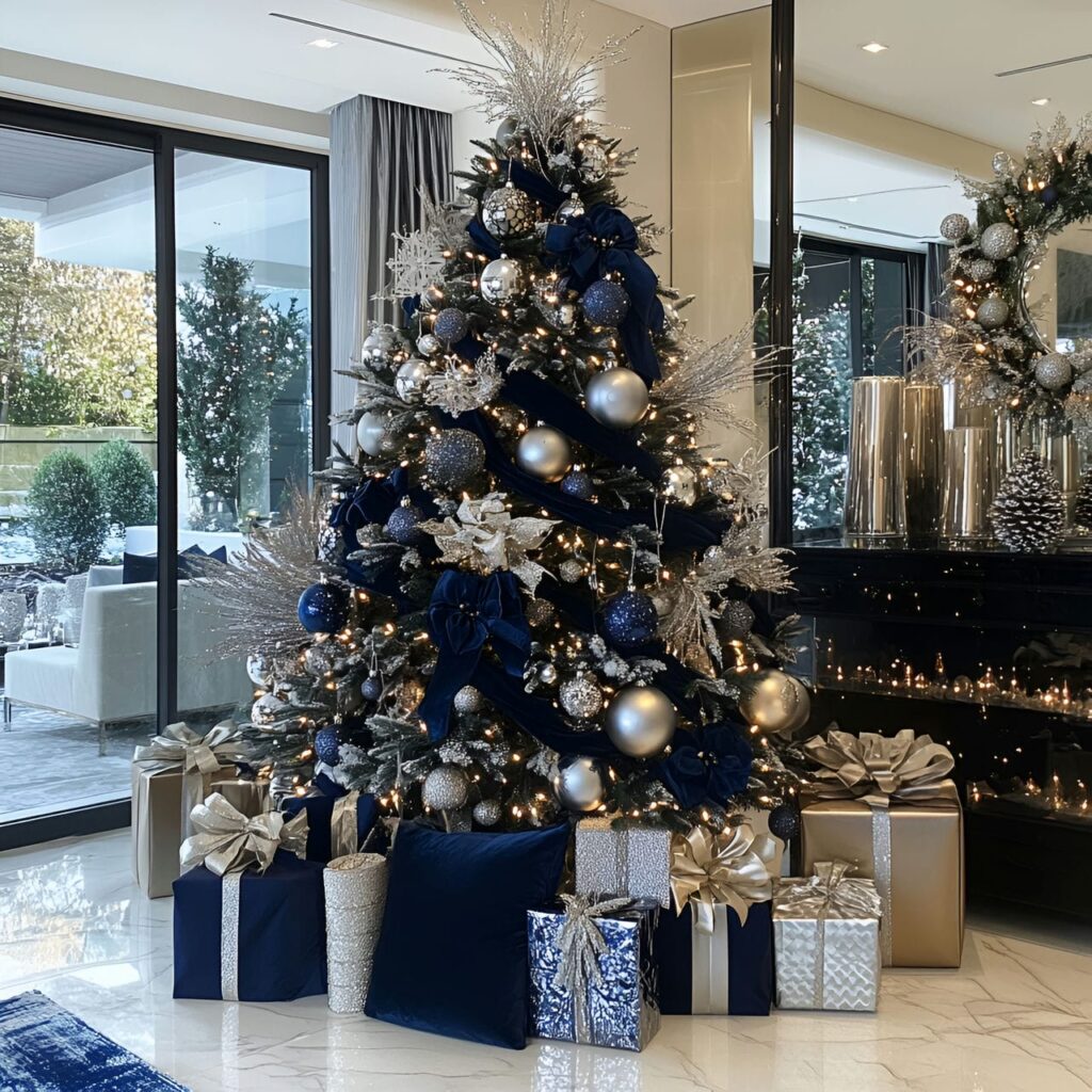 17. Midnight Blue Velvet & Silver Elegance Tree with Marble Floors