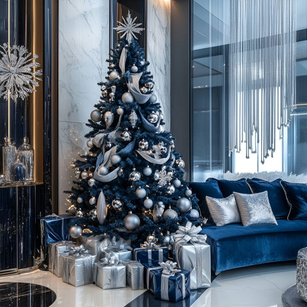 17. Midnight Blue Velvet & Silver Elegance Tree with Marble Floors