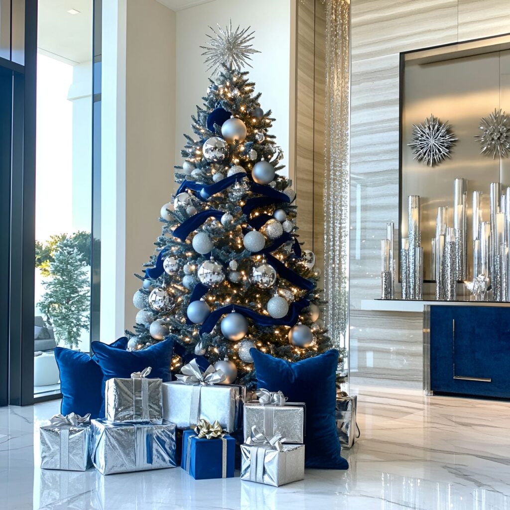 17. Midnight Blue Velvet & Silver Elegance Tree with Marble Floors