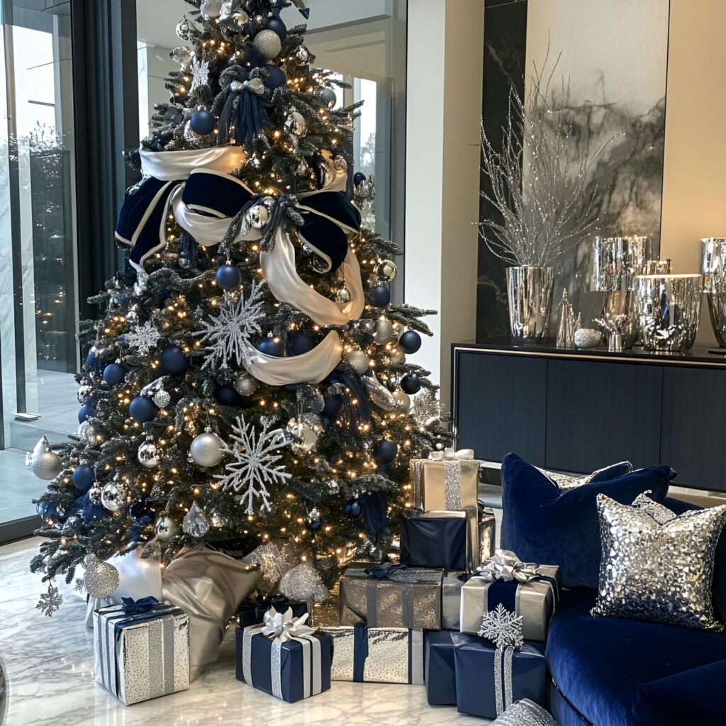 17. Midnight Blue Velvet & Silver Elegance Tree with Marble Floors