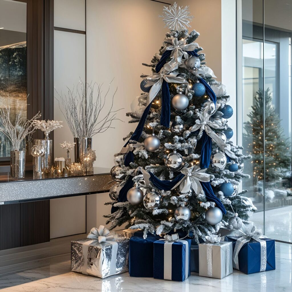 17. Midnight Blue Velvet & Silver Elegance Tree with Marble Floors