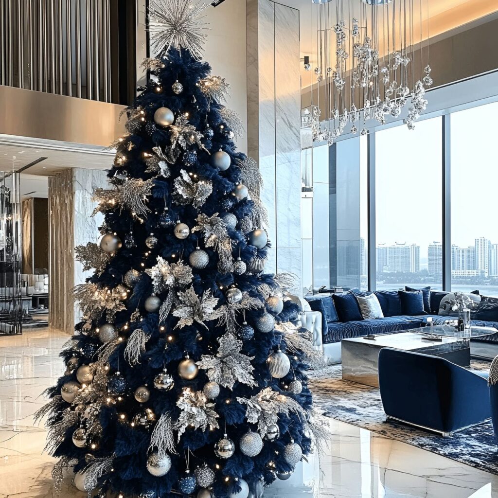 17. Midnight Blue Velvet & Silver Elegance Tree with Marble Floors