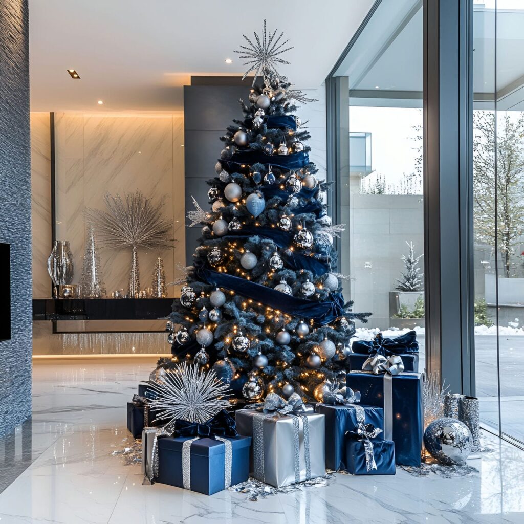 17. Midnight Blue Velvet & Silver Elegance Tree with Marble Floors