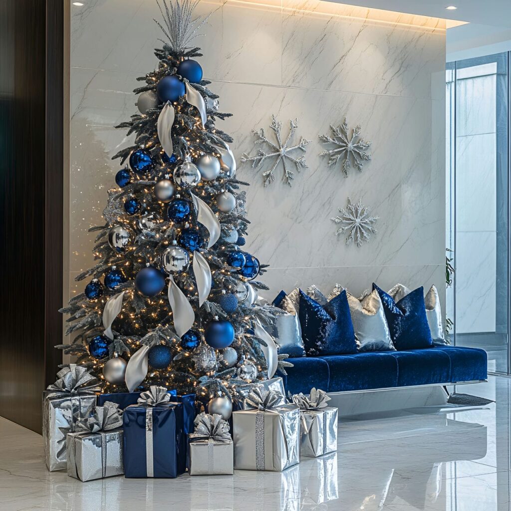 17. Midnight Blue Velvet & Silver Elegance Tree with Marble Floors