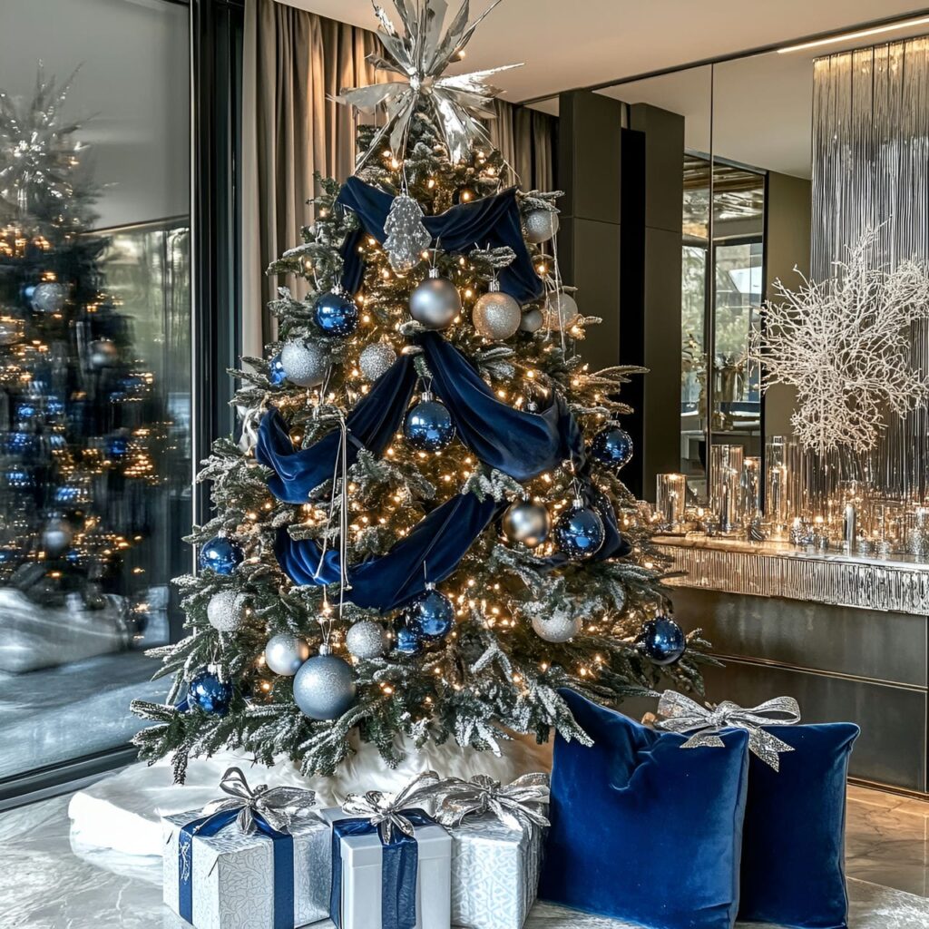 17. Midnight Blue Velvet & Silver Elegance Tree with Marble Floors