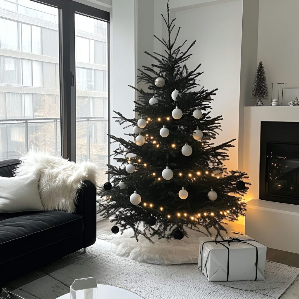 02. Minimalist Black & White Tree with Simple Décor Elements