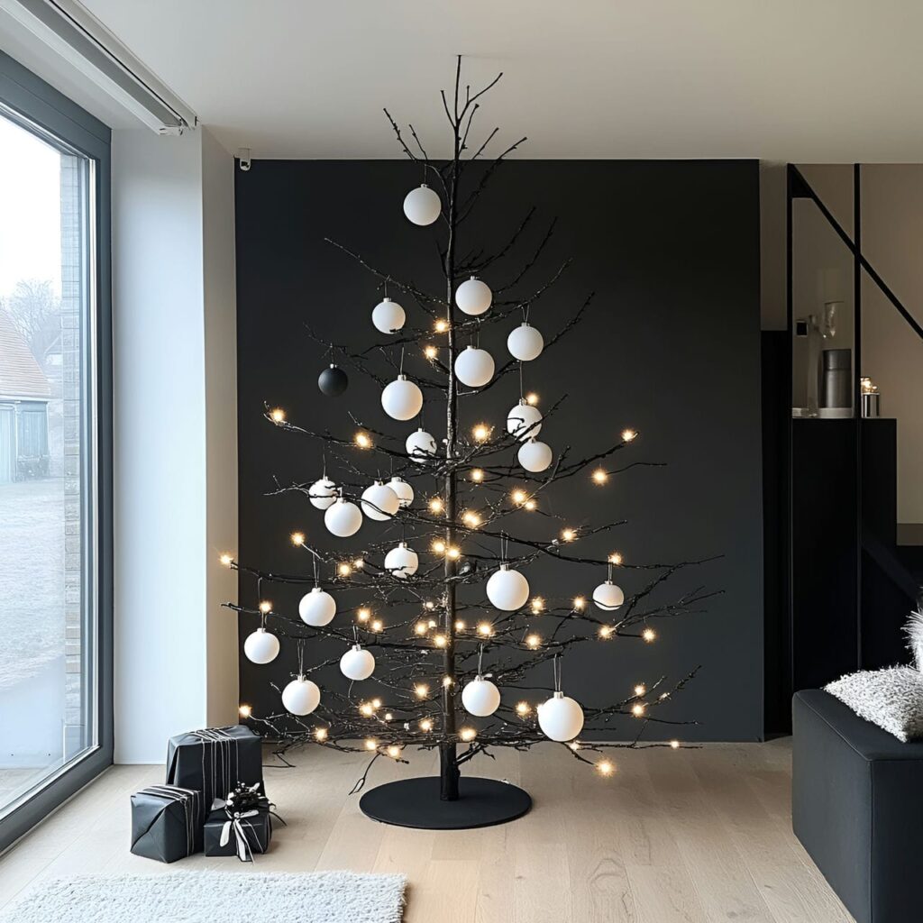 02. Minimalist Black & White Tree with Simple Décor Elements