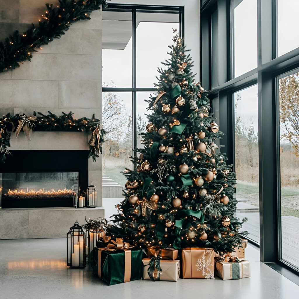 18. Modern Forest Green & Bronze Velvet Tree with Candleholders