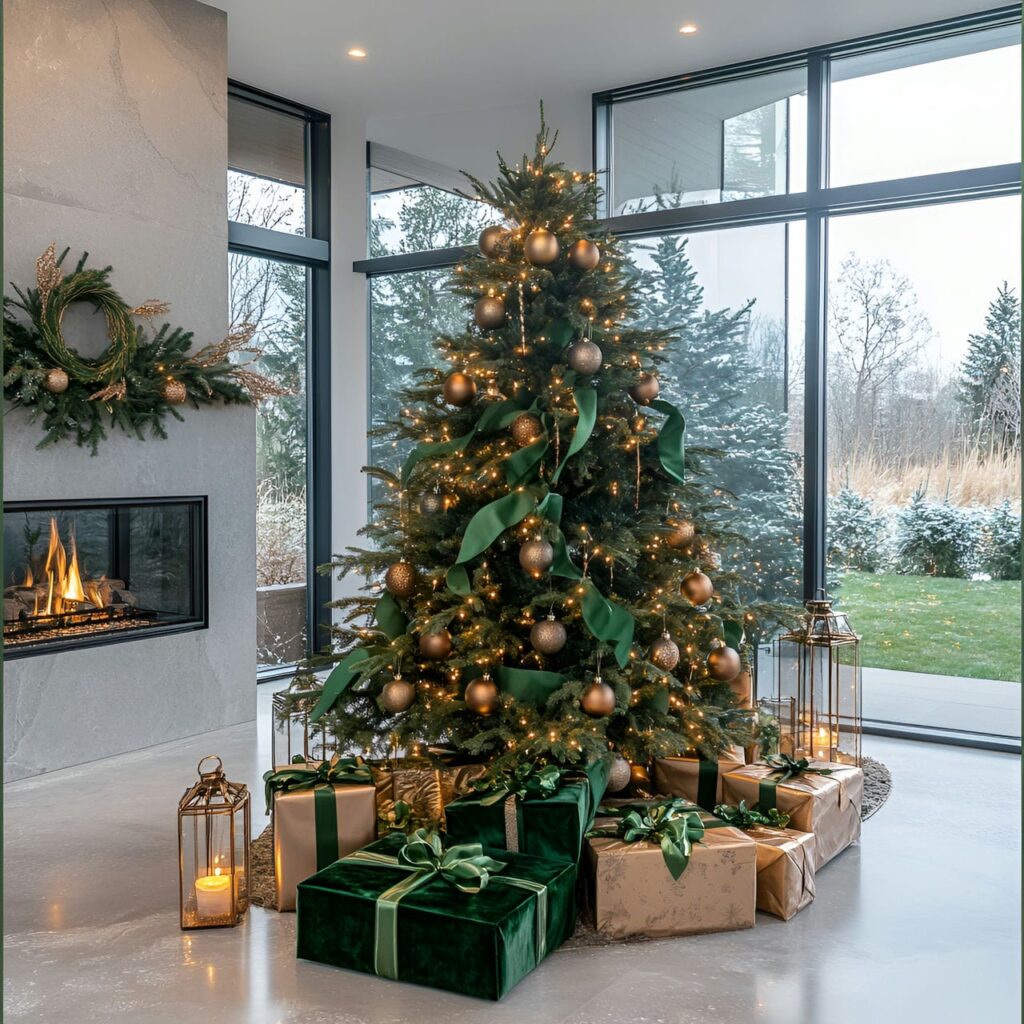 18. Modern Forest Green & Bronze Velvet Tree with Candleholders