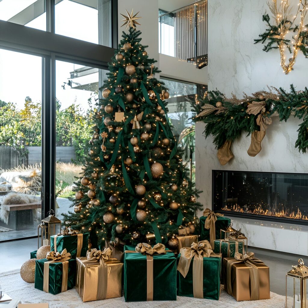 18. Modern Forest Green & Bronze Velvet Tree with Candleholders