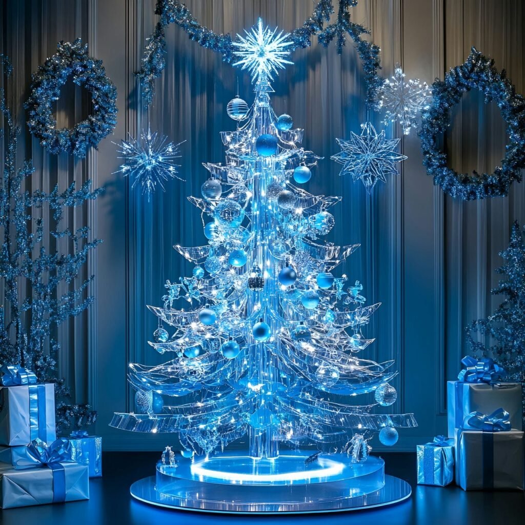 12. Modern Transparent Acrylic Christmas Tree with LED Blue Lights