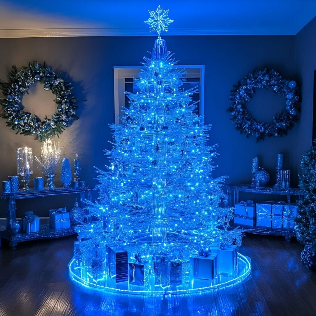 12. Modern Transparent Acrylic Christmas Tree with LED Blue Lights