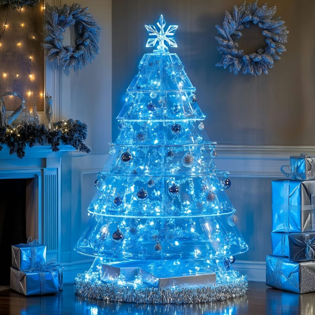 12. Modern Transparent Acrylic Christmas Tree with LED Blue Lights