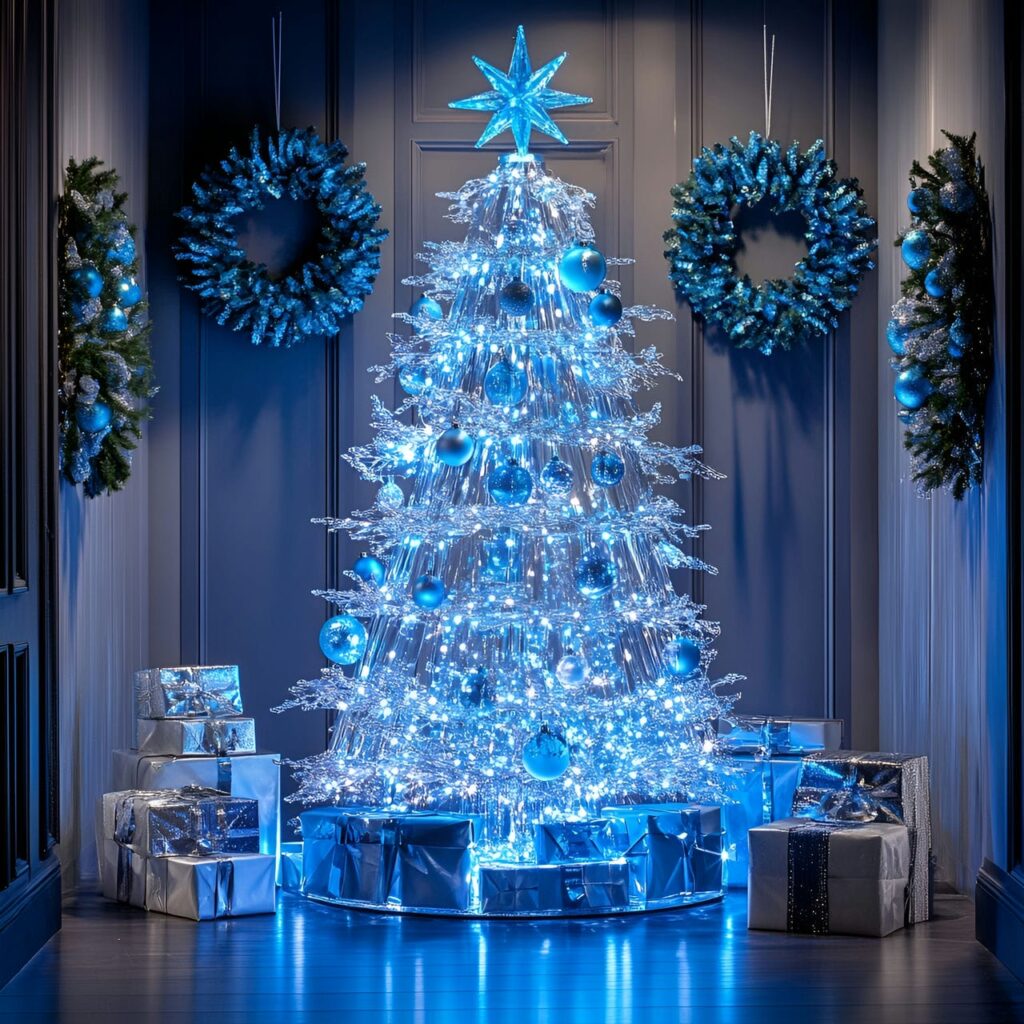 12. Modern Transparent Acrylic Christmas Tree with LED Blue Lights