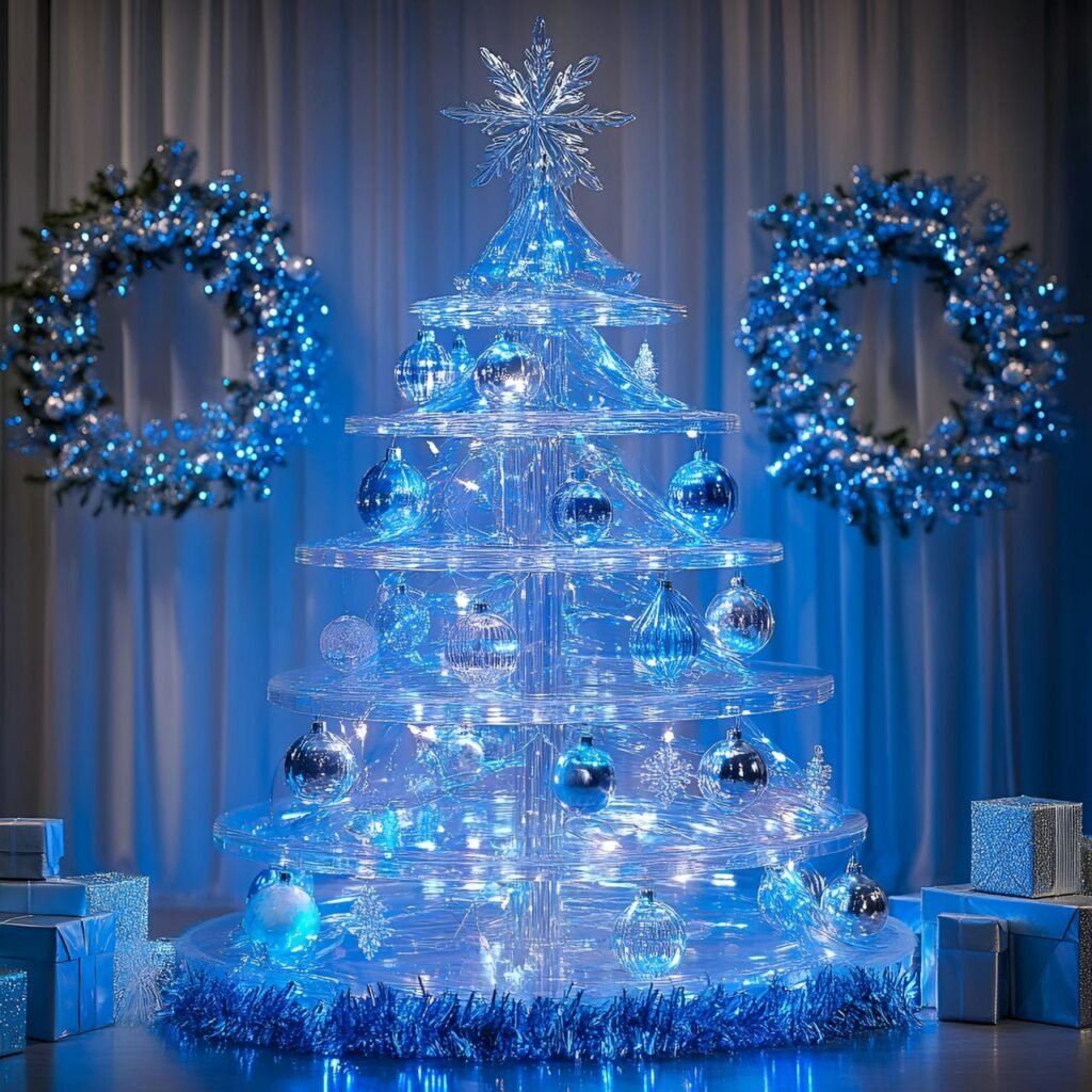 12. Modern Transparent Acrylic Christmas Tree with LED Blue Lights