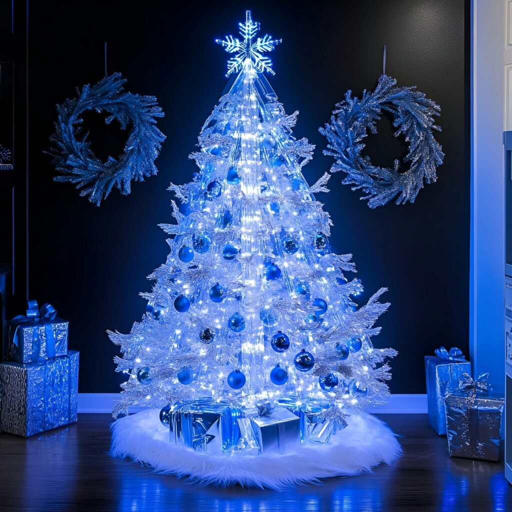 12. Modern Transparent Acrylic Christmas Tree with LED Blue Lights