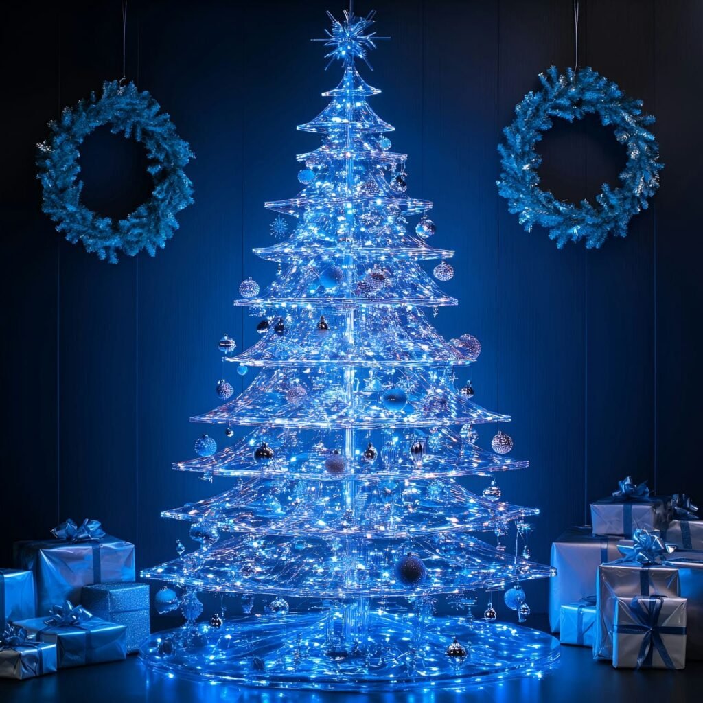 12. Modern Transparent Acrylic Christmas Tree with LED Blue Lights