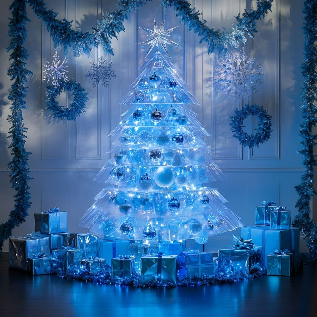 12. Modern Transparent Acrylic Christmas Tree with LED Blue Lights