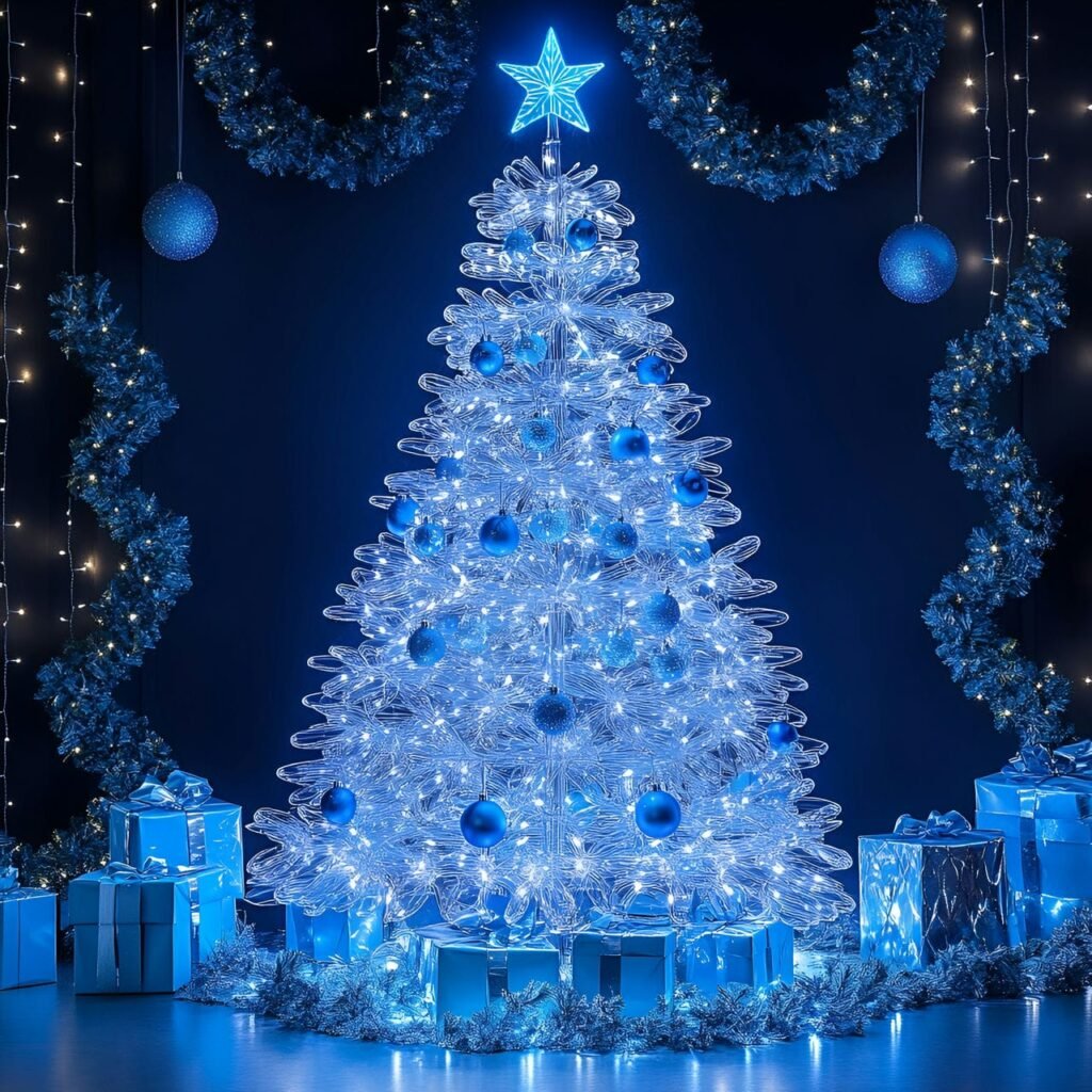 12. Modern Transparent Acrylic Christmas Tree with LED Blue Lights