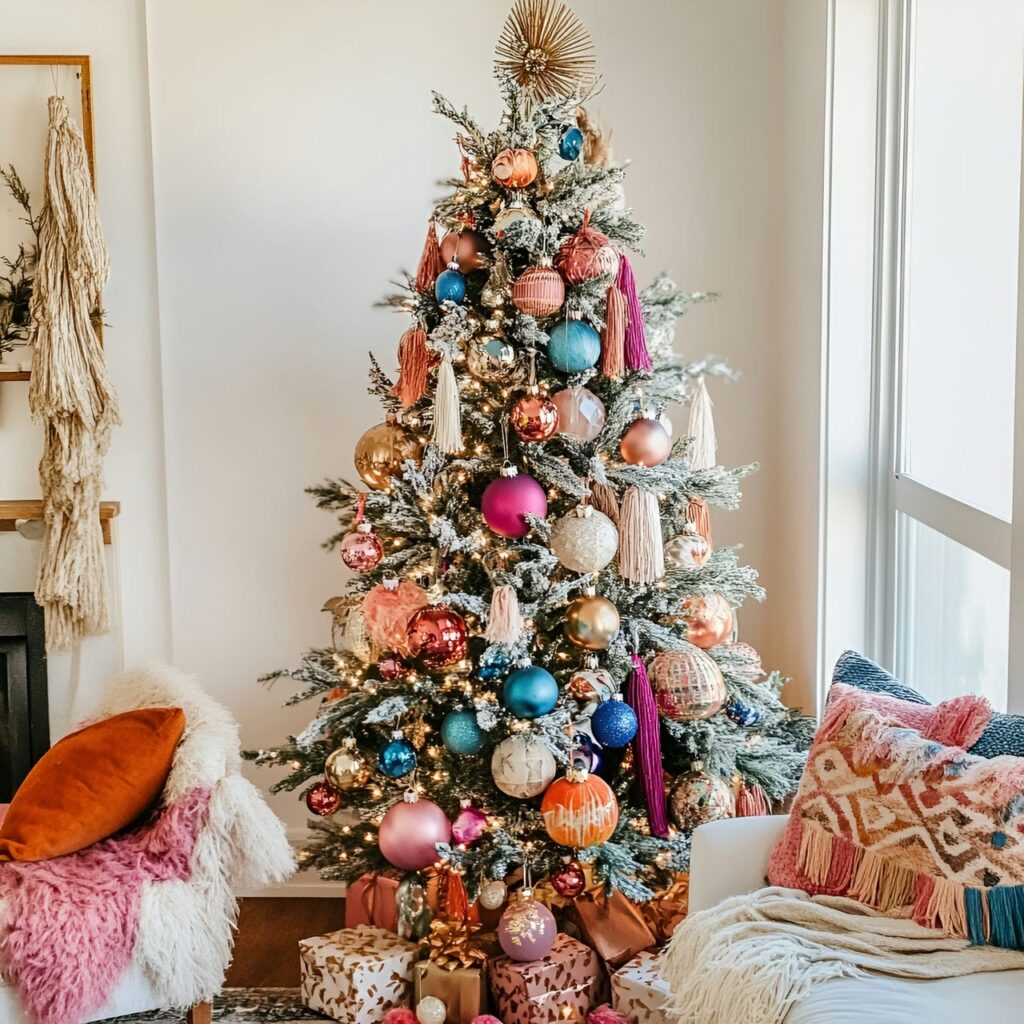 24. Multi-Colored Boho Christmas Tree with Tassels and Feathers