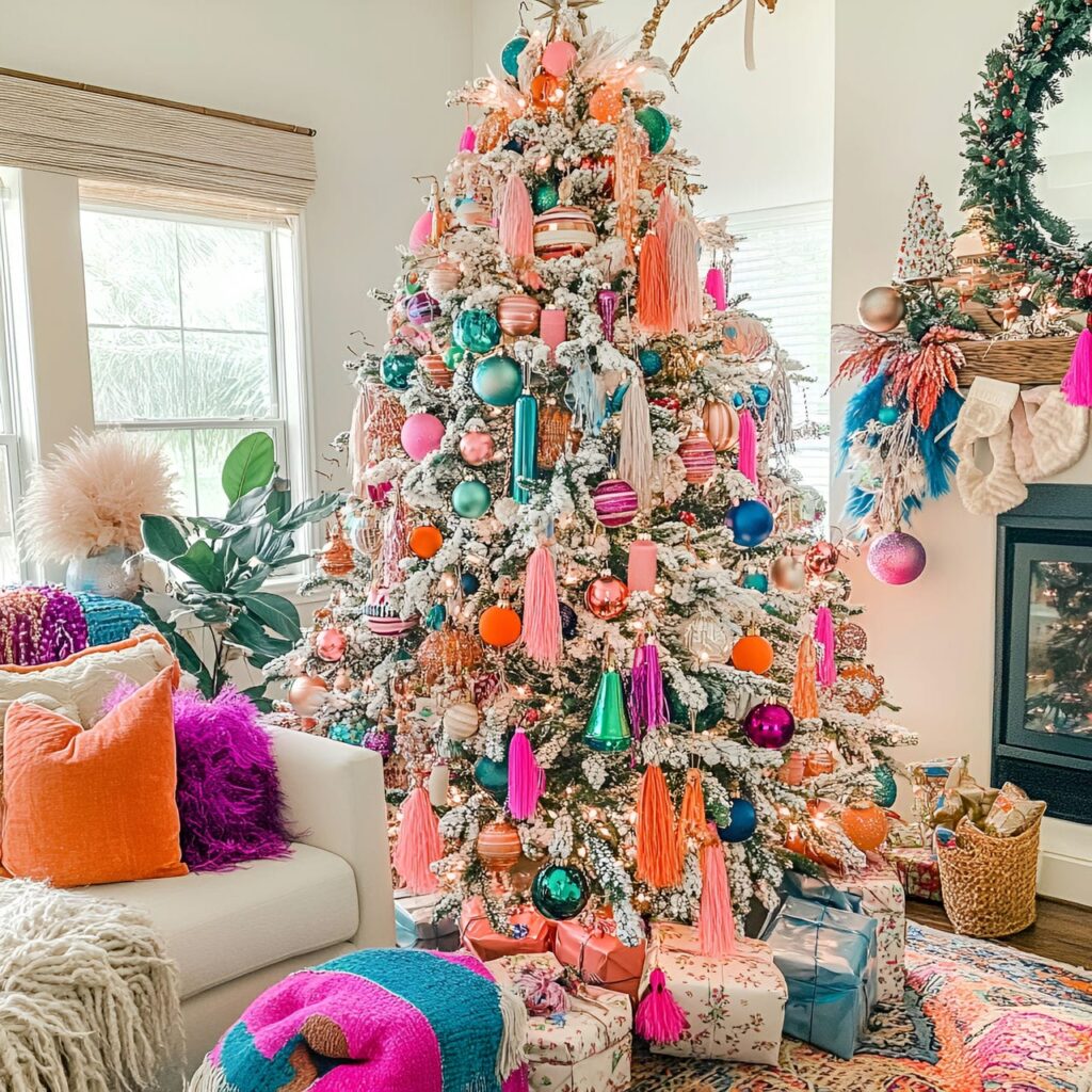 24. Multi-Colored Boho Christmas Tree with Tassels and Feathers