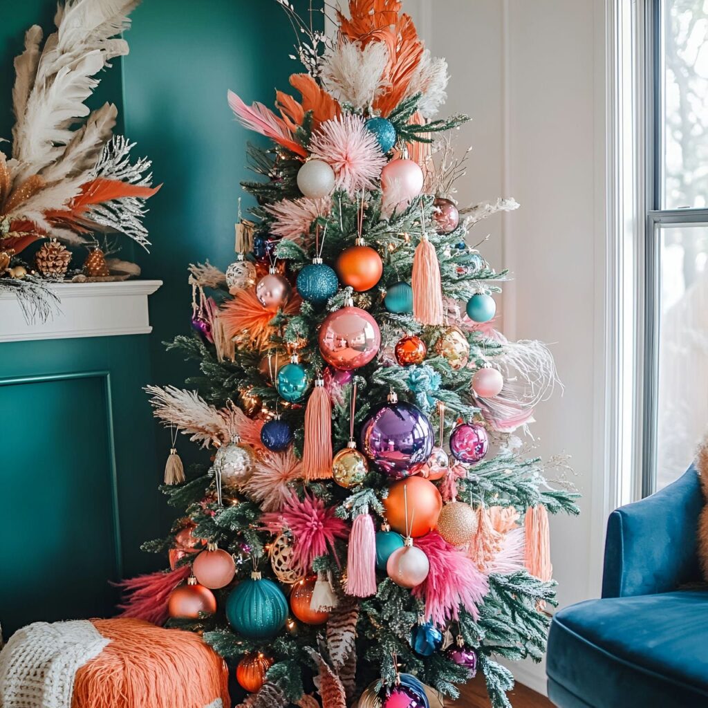 24. Multi-Colored Boho Christmas Tree with Tassels and Feathers