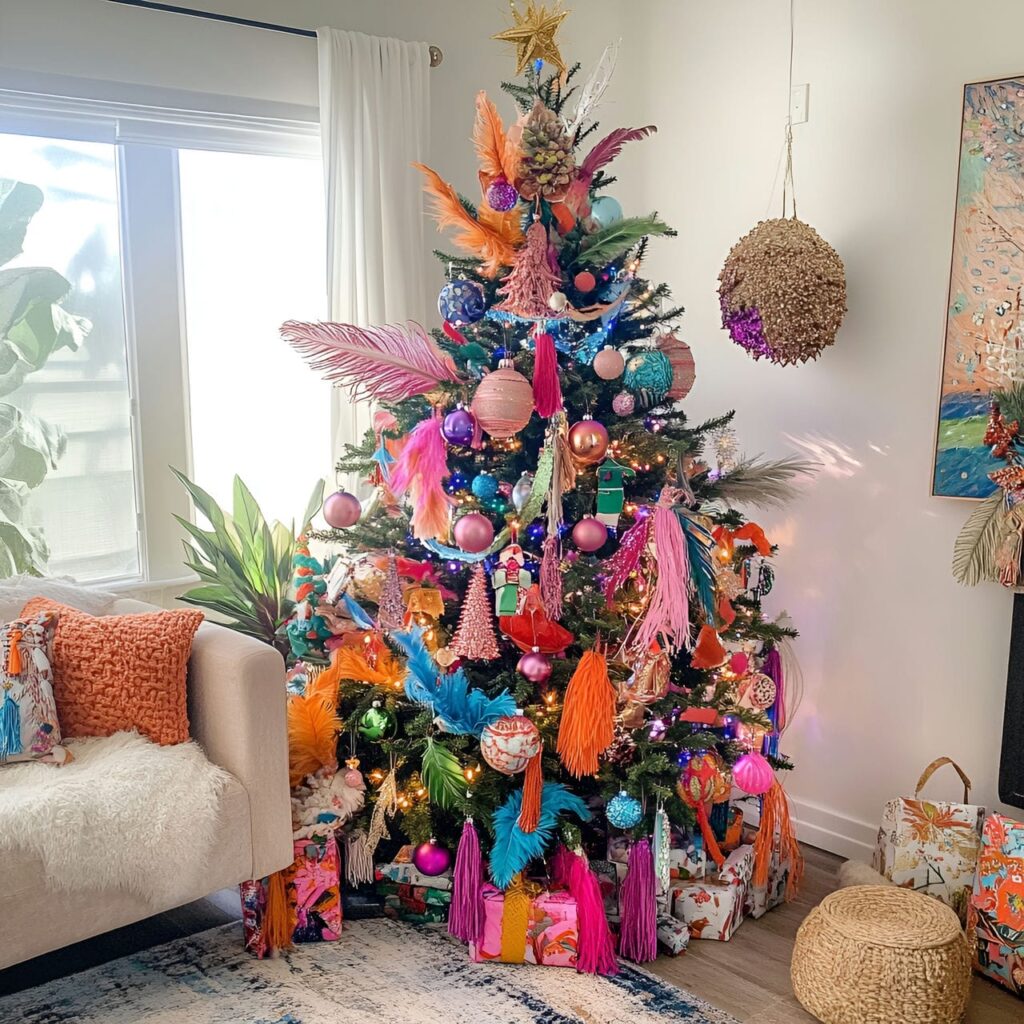 24. Multi-Colored Boho Christmas Tree with Tassels and Feathers