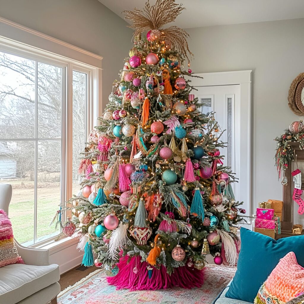 24. Multi-Colored Boho Christmas Tree with Tassels and Feathers