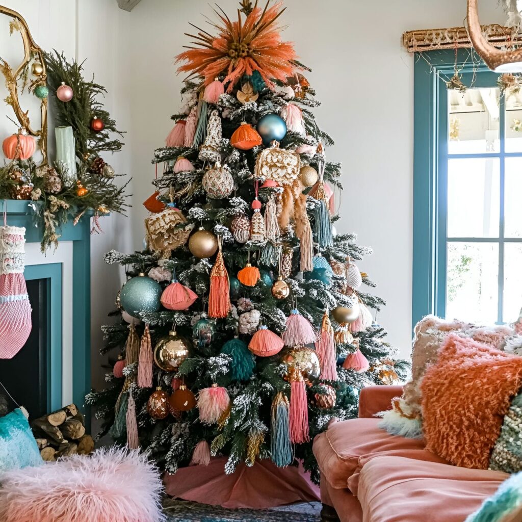 24. Multi-Colored Boho Christmas Tree with Tassels and Feathers