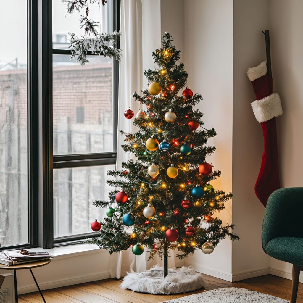 17. Multi-Colored Minimalist Christmas Tree with Refined Ornaments