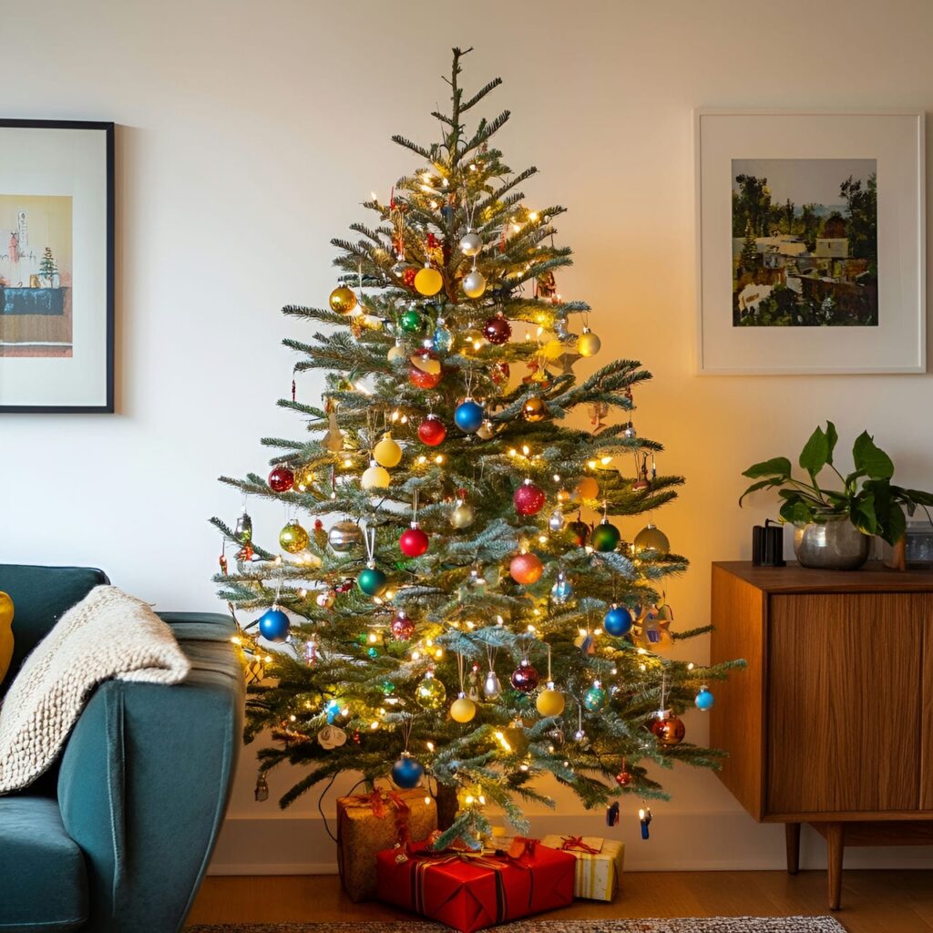 17. Multi-Colored Minimalist Christmas Tree with Refined Ornaments