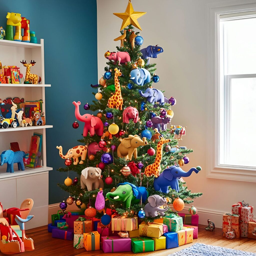 18. Multi-Colored Christmas Tree with Animal Ornaments