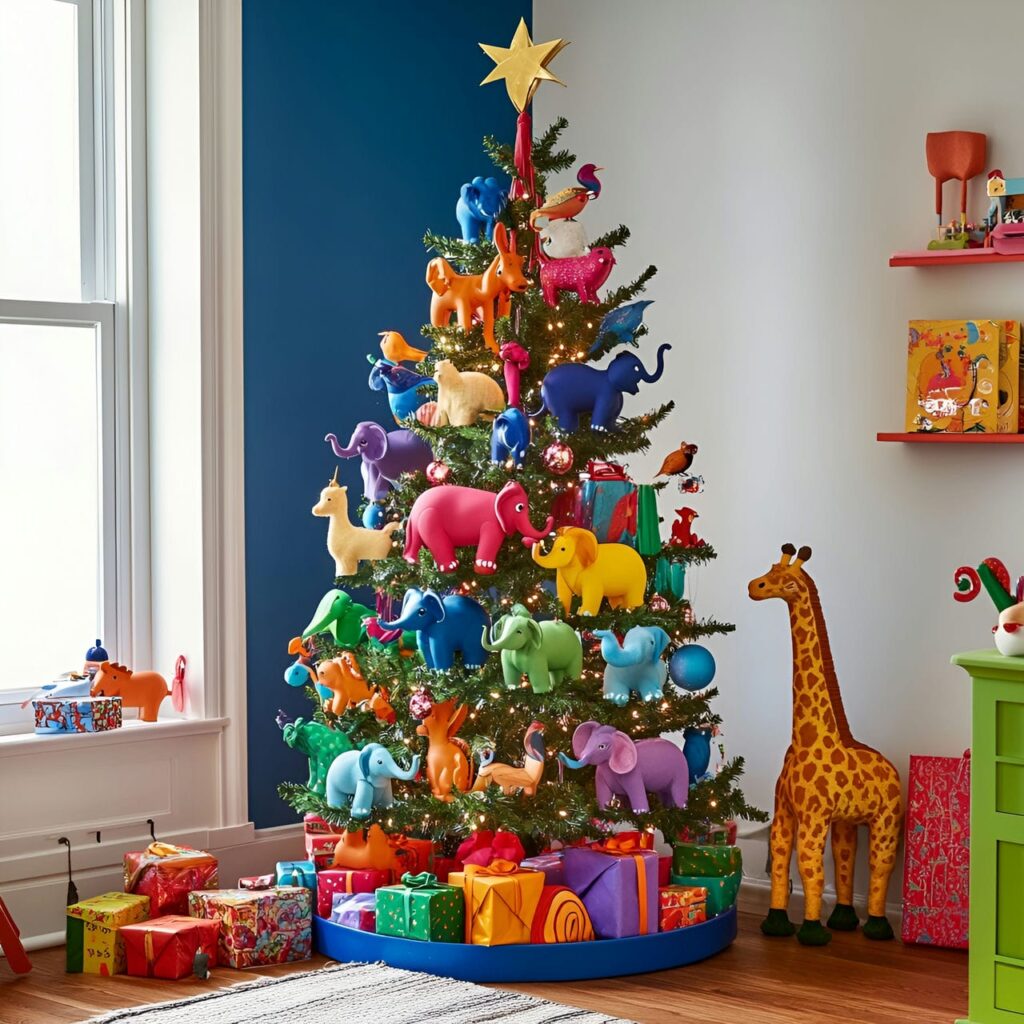 18. Multi-Colored Christmas Tree with Animal Ornaments