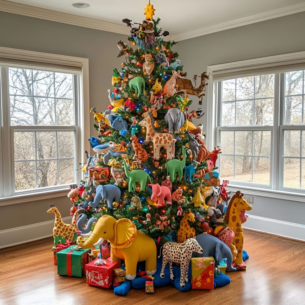 18. Multi-Colored Christmas Tree with Animal Ornaments