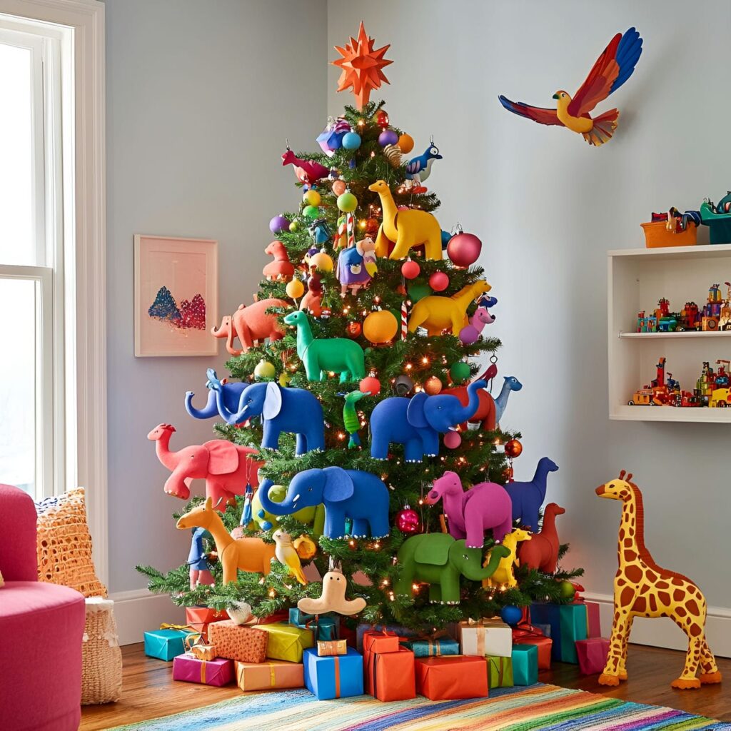 18. Multi-Colored Christmas Tree with Animal Ornaments