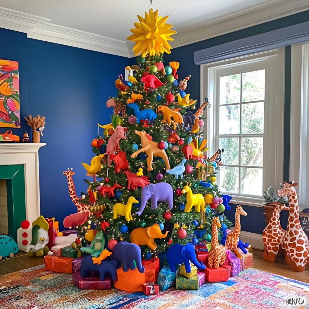 18. Multi-Colored Christmas Tree with Animal Ornaments