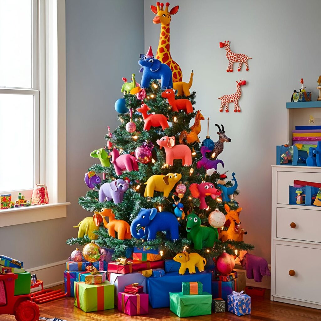 18. Multi-Colored Christmas Tree with Animal Ornaments