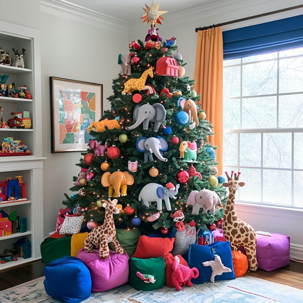 18. Multi-Colored Christmas Tree with Animal Ornaments