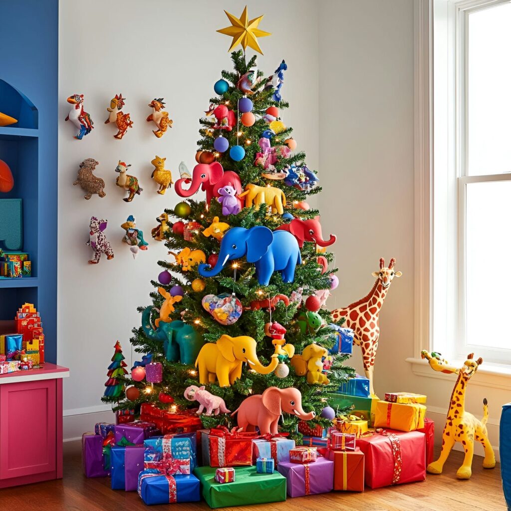 18. Multi-Colored Christmas Tree with Animal Ornaments