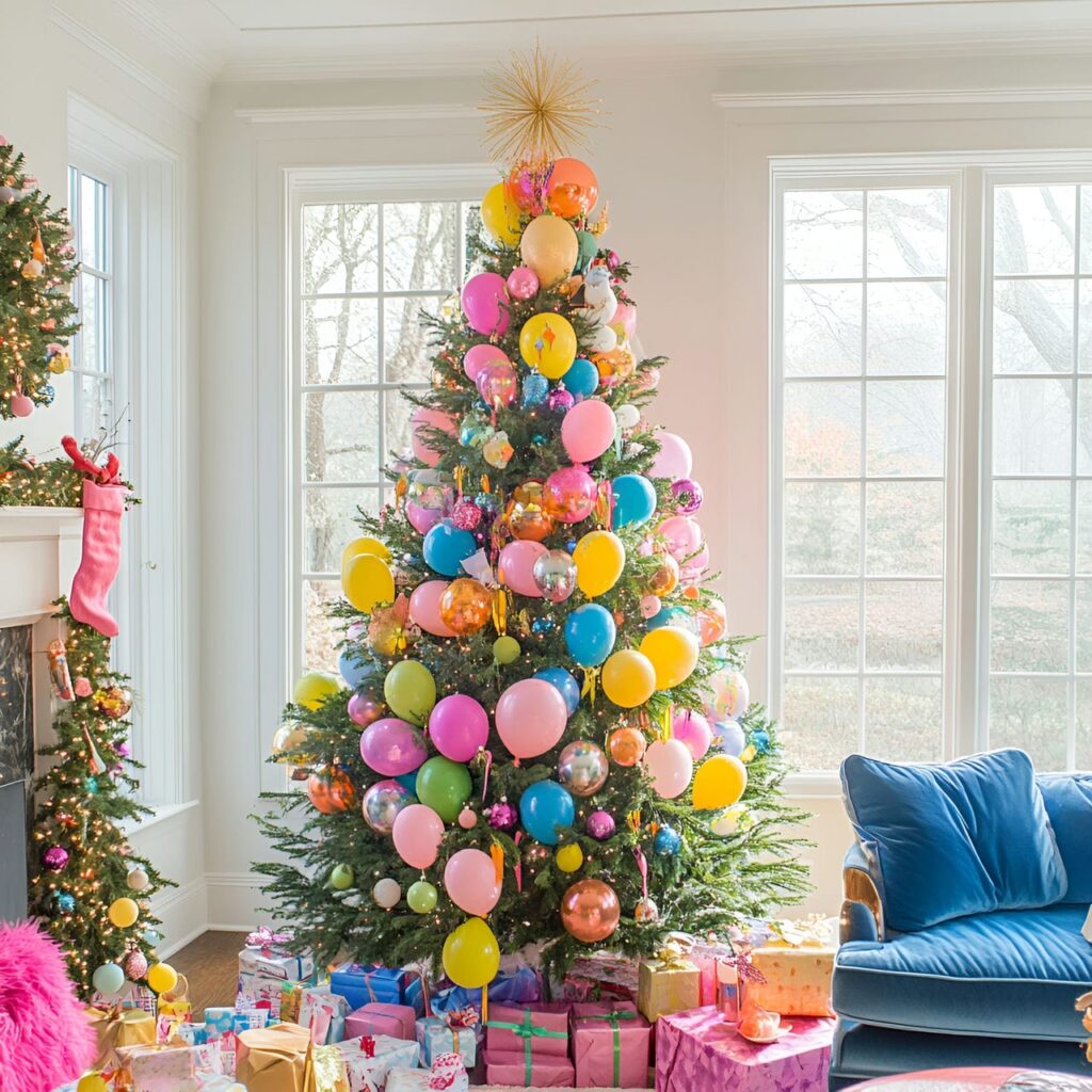 19. Multi-Colored Tree with Balloons for Festive Vibe