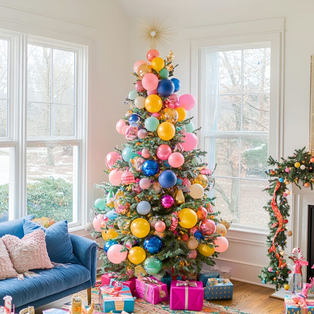 19. Multi-Colored Tree with Balloons for Festive Vibe